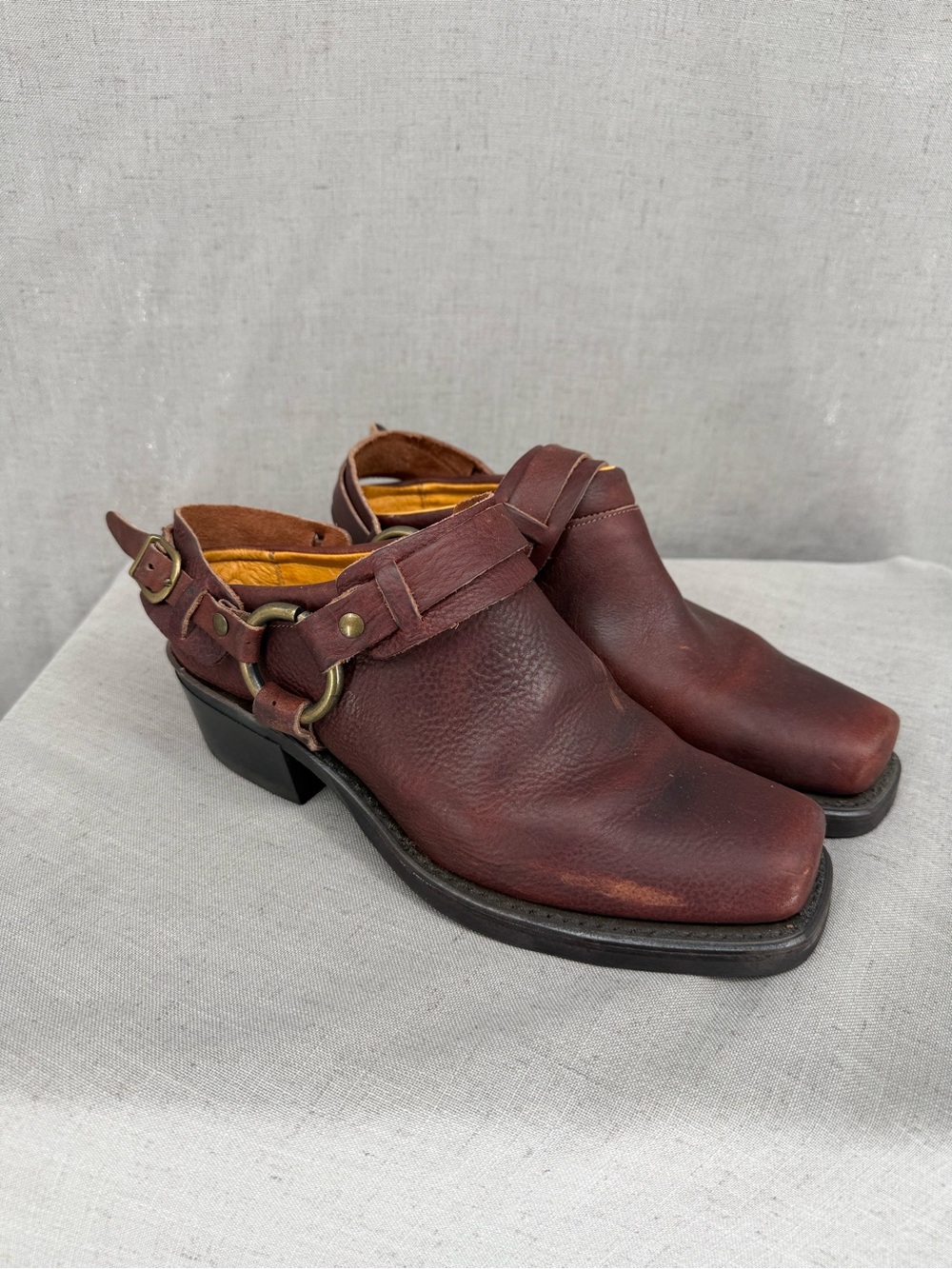 Vintage Frye Harness Mules Women's 8 M Brown Leather Clogs Belted Western USA